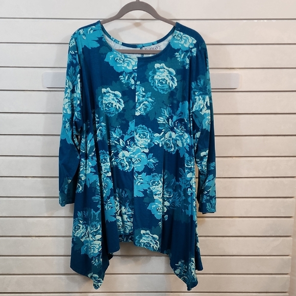 Roaman's Teal Long Sleeve Floral Tunic Top 2XL - Picture 1 of 5